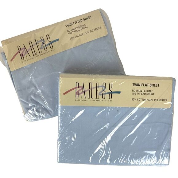 Caress For Mervyns Flat & Fitted Sheets Twin Size Pale Blue No Iron Percale 90s - Picture 1 of 2